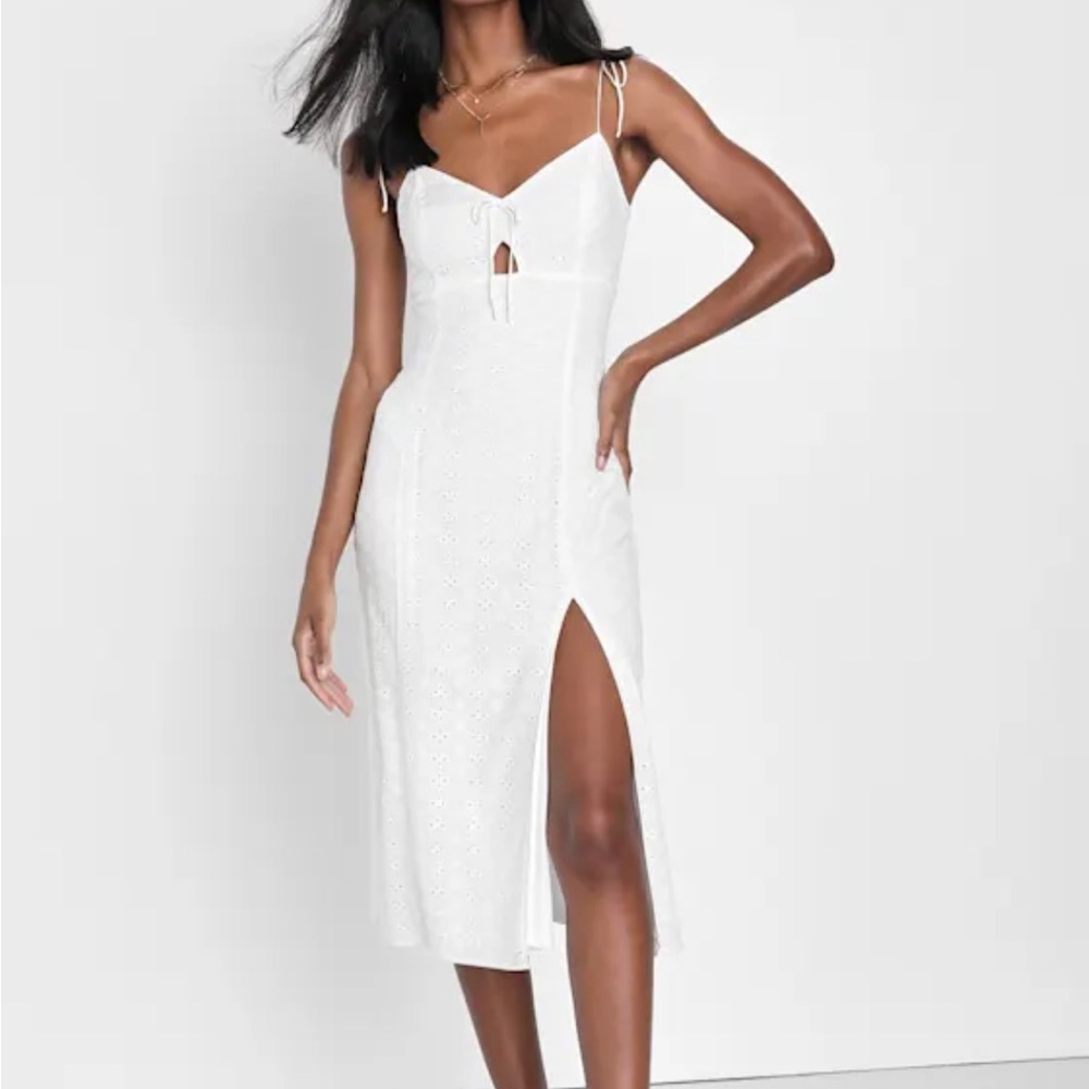 Flattering Favorite White Eyelet Embroidery Tie-Strap Midi Dress